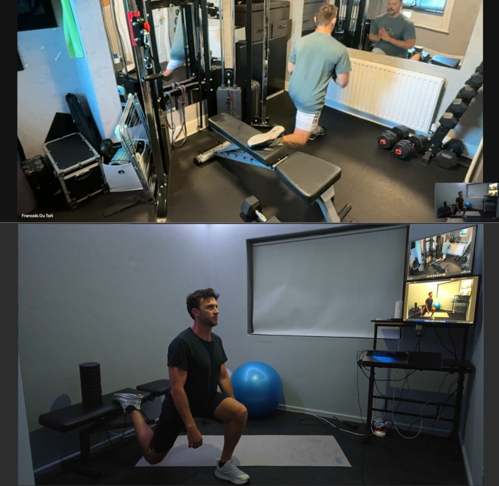 Screenshot of an online personal training session with a trainer coaching a client in a gym studio