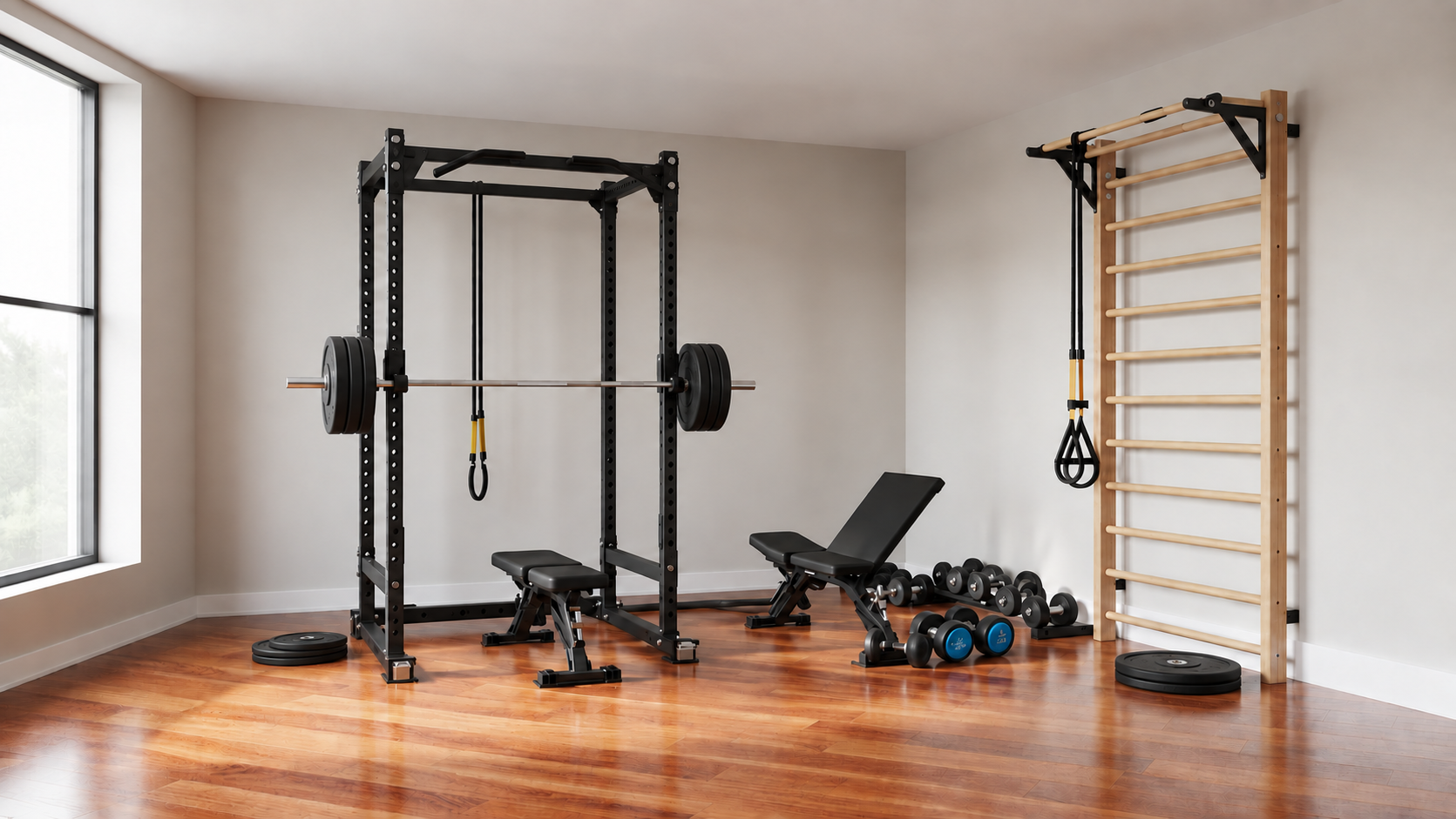 Gym studio with a squat rack, dumbbells, barbell, suspension trainer and Swedish ladder